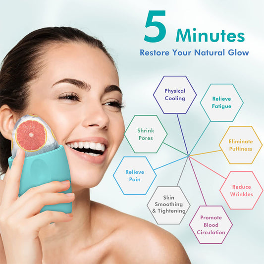 Silicone ice face roller for cooling facial massage and de-puffing, available in pink, green, purple, red, and yellow