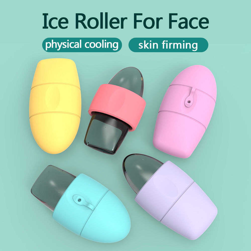 Silicone ice face roller for cooling facial massage and de-puffing, available in pink, green, purple, red, and yellow