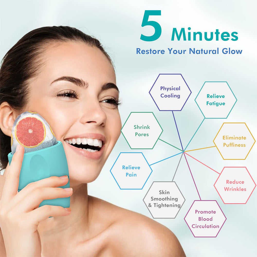Silicone ice face roller for cooling facial massage and de-puffing, available in pink, green, purple, red, and yellow