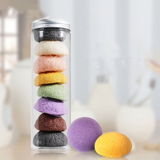 8-piece konjac cleansing sponge set in a glass jar, natural facial exfoliant