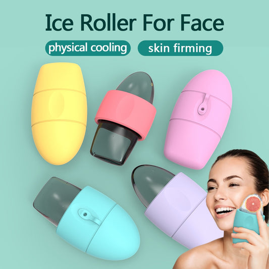 Silicone ice face roller for cooling facial massage and de-puffing, available in pink, green, purple, red, and yellow