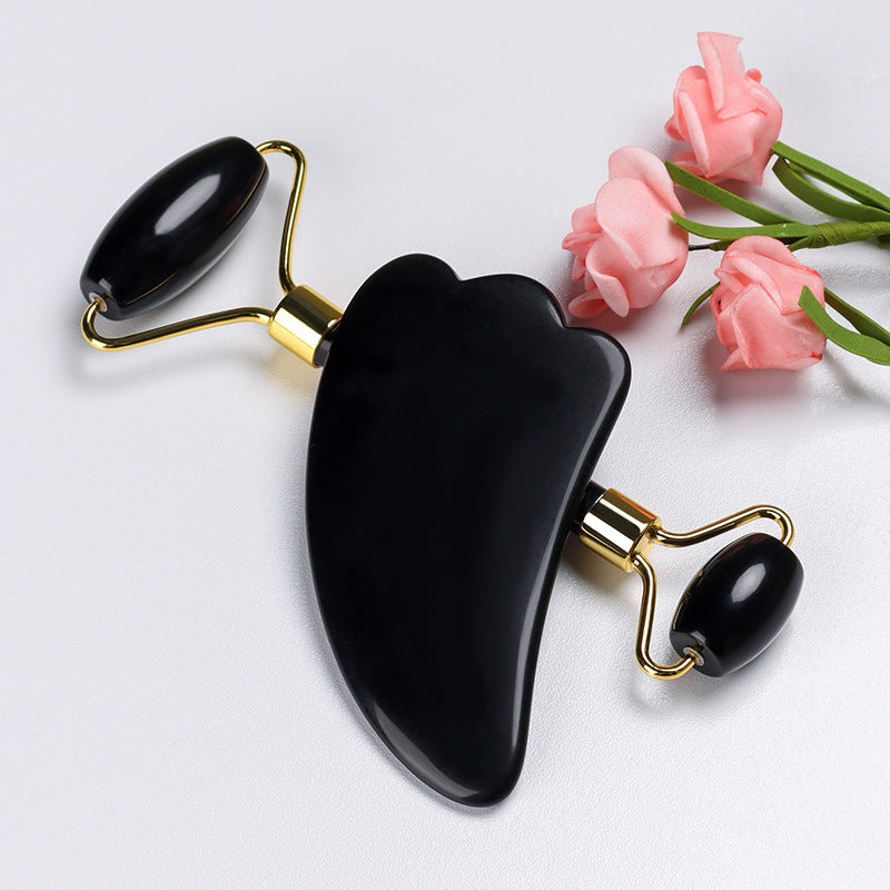 Black quartz facial roller and gua sha scraper set for lymphatic drainage and de-puffing