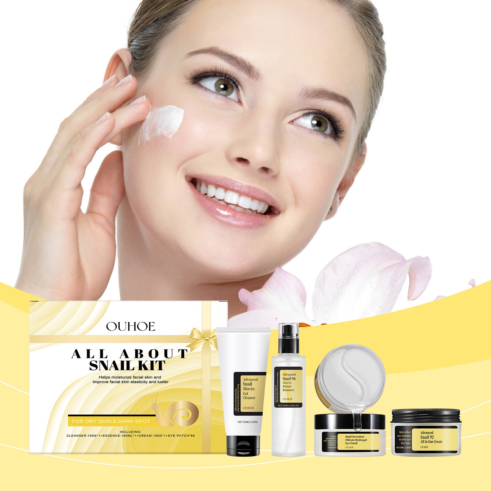 4-piece snail mucin facial care gift set with cleanser, essence, and cream